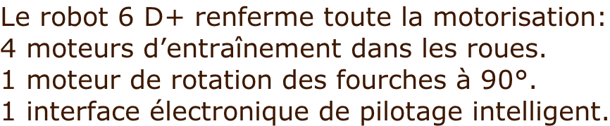 Le robot 6 D+ renferme toute la motorisation: 4 moteurs d’entraînement dans les roues. 1 moteur de rotation des fourches à 90°. 1 interface électronique de pilotage intelligent.